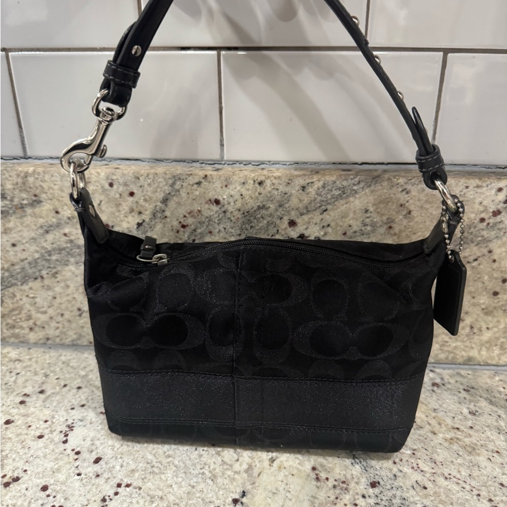 Coach Signature Stripe Top Handle Pouch No. F40024 black & sparkly gunmetal